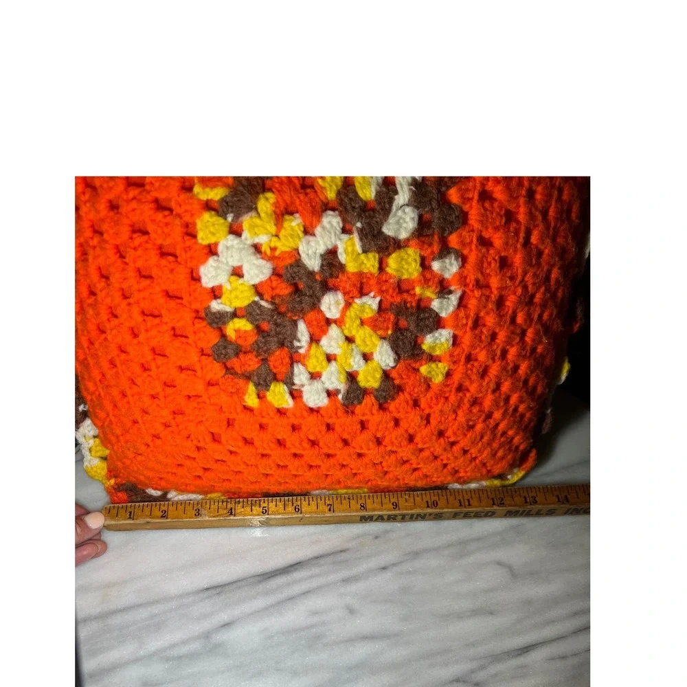 Vintage Handmade Crochet Granny Square Throw Pillow Orange Retro 70s Boho Decor